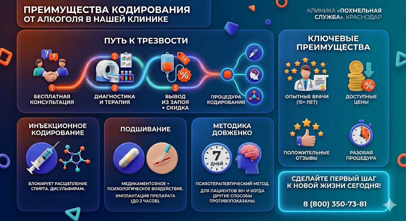 Инфографика о методах кодирования от алкоголя в Кузьмоловском: инъекции, подшивание, метод Довженко. Преимущества клиники и этапы лечения.