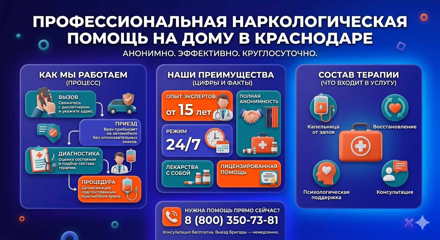 Инфографика о принципах лечения алкоголизма на дому в Кузьмоловском: этапы вызова нарколога, преимущества анонимной детоксикации и состав медицинской помощи.